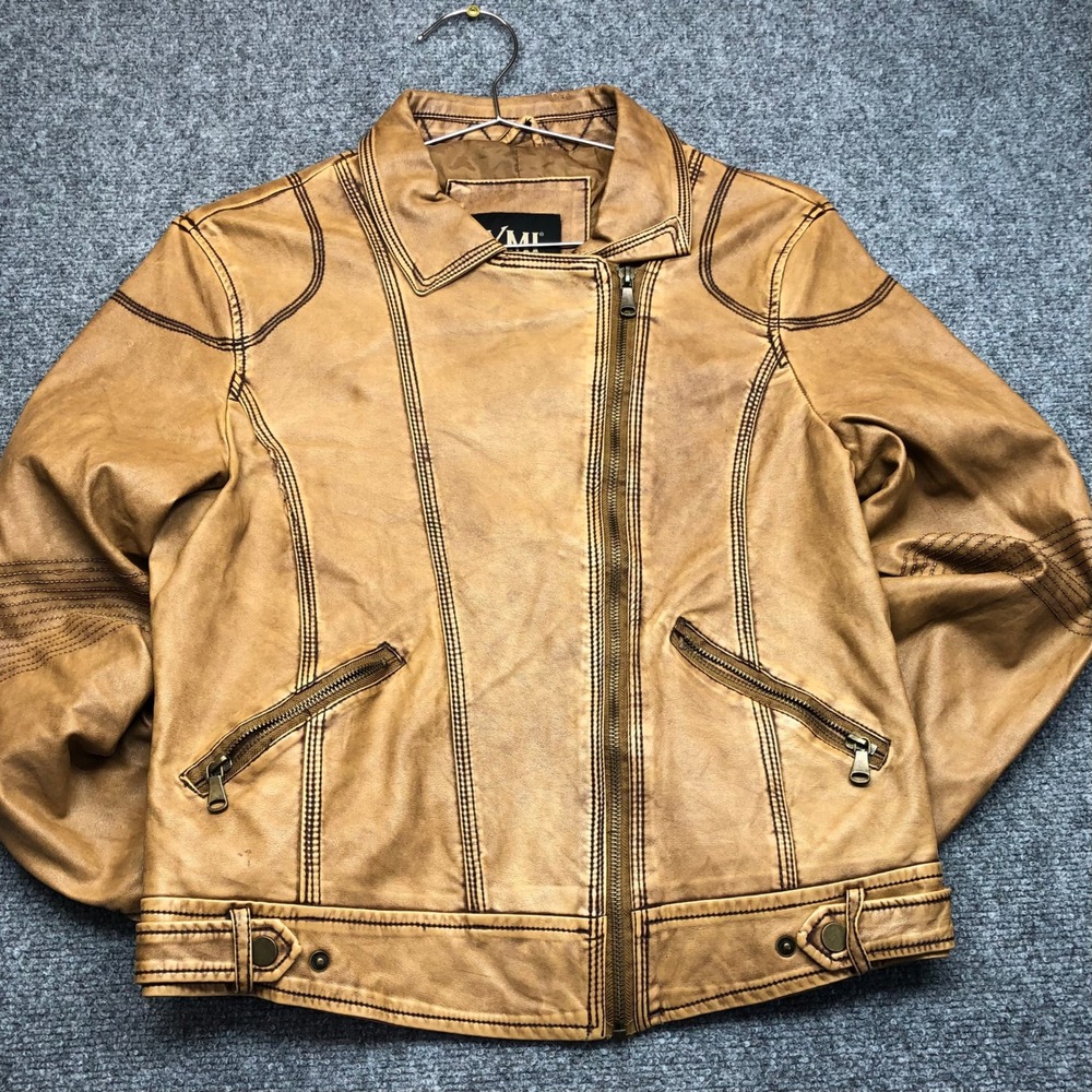 YMI Collection Womens Faux Leather Moto Jacket Tan Brown Asymmetric Zip Size L